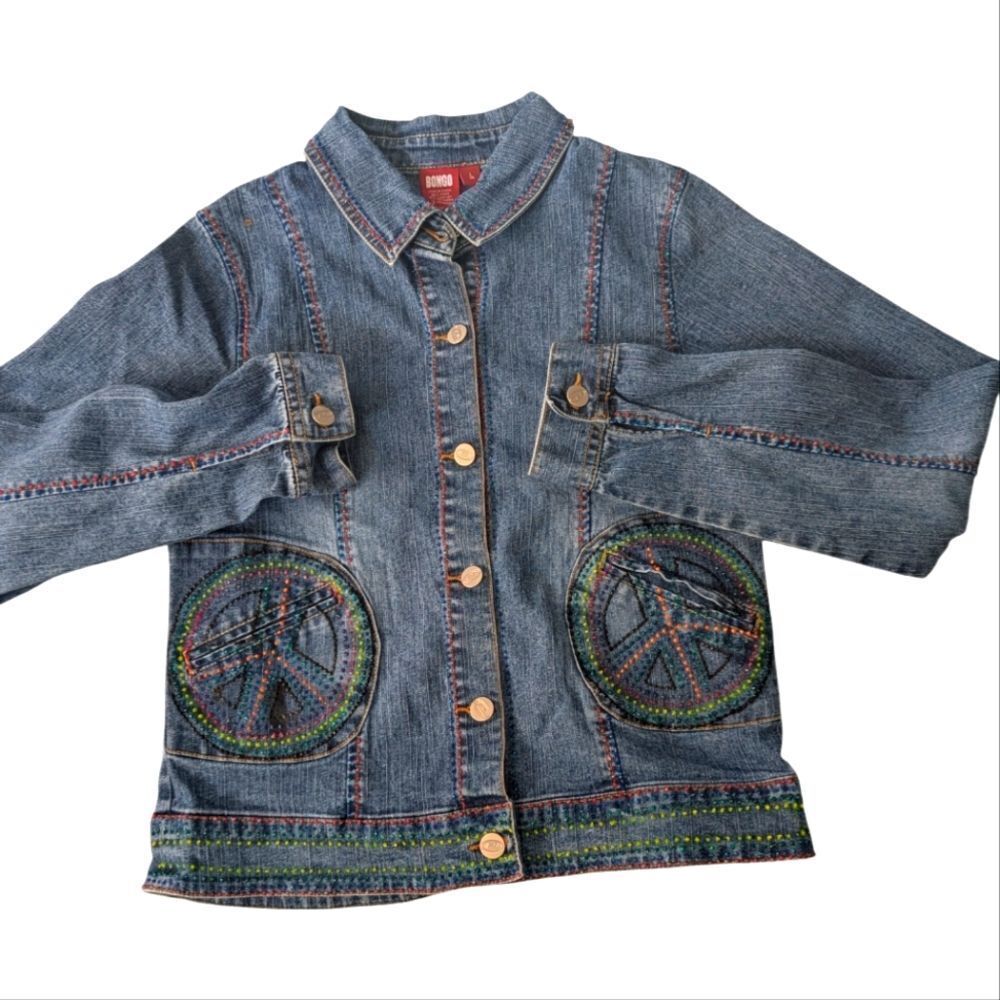 Bongo‎ Y2K girls bedazzled peace denim jean jacket size 14